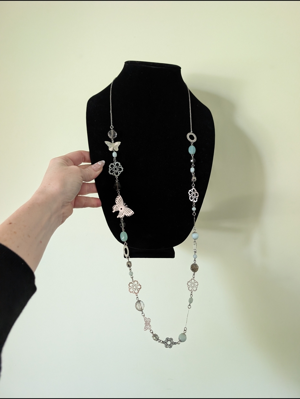 Silver Floral & Butterfly Long Necklace with Light Blue Beads